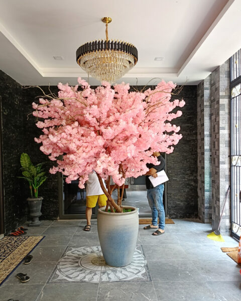 Artificial Ficus & Cherry Blossom Tree In Bulky Pot - EF Decor Studio